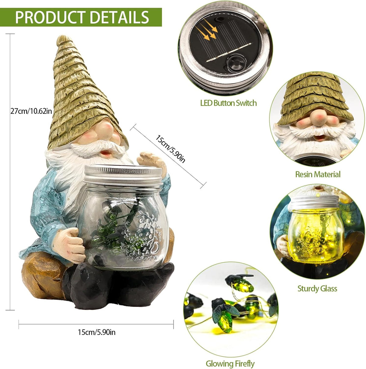 Solar Firefly Jar Gnome Waterproof- Large Garden Gnome Funny Solar Outdoor LED Lights Resin Statues