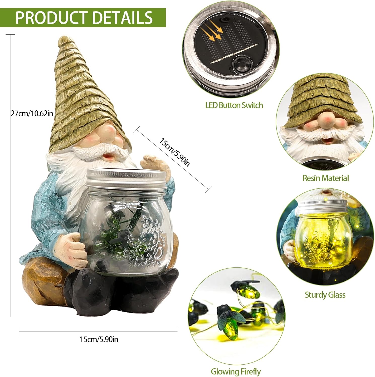 Solar Firefly Jar Gnome Waterproof- Large Garden Gnome Funny Solar Outdoor LED Lights Resin Statues