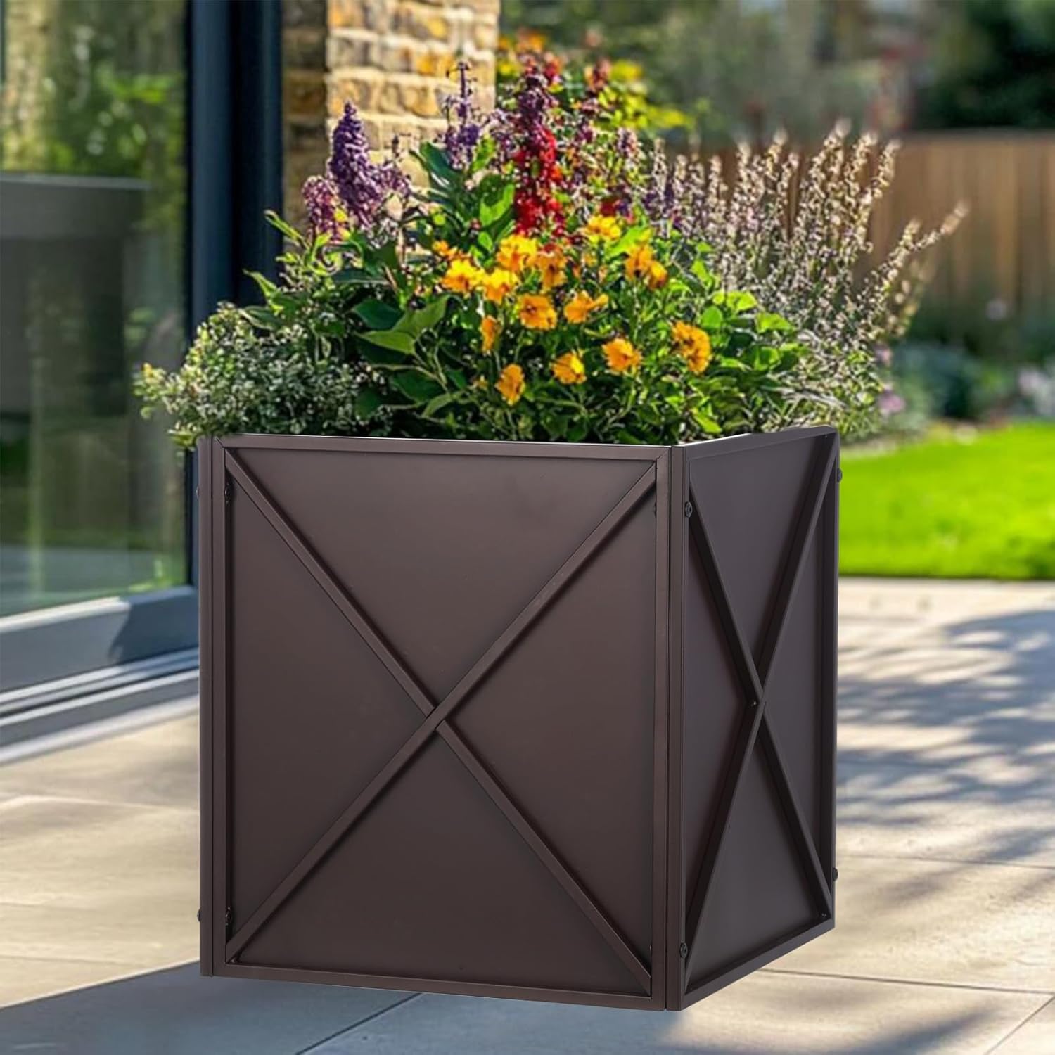 SUNNYPARK Large Metal Planter Box 17”x 17”x 18”, Square Modern Brown Metal Planter Box Heavy Duty
