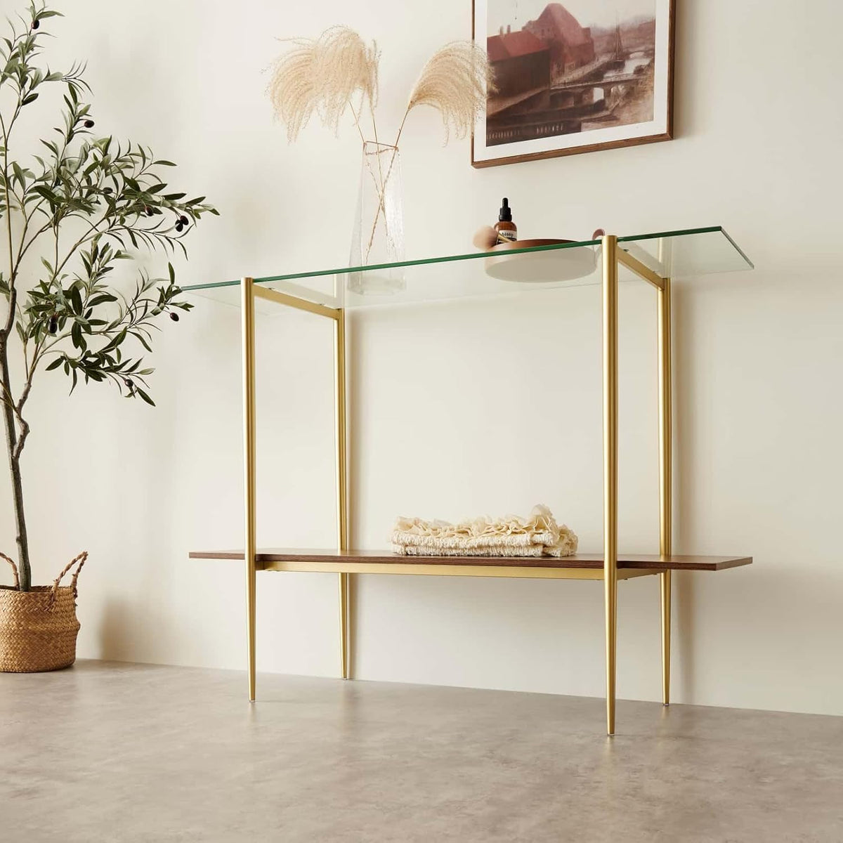 Glass Console Table for Living Room, Foyer & Entrance, 2-Tiers Mid-Century Modern Sofa Table with