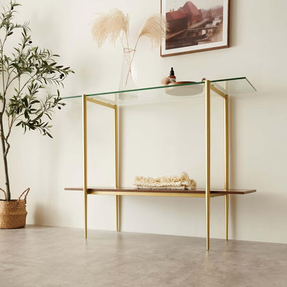 Glass Console Table for Living Room, Foyer & Entrance, 2-Tiers Mid-Century Modern Sofa Table with