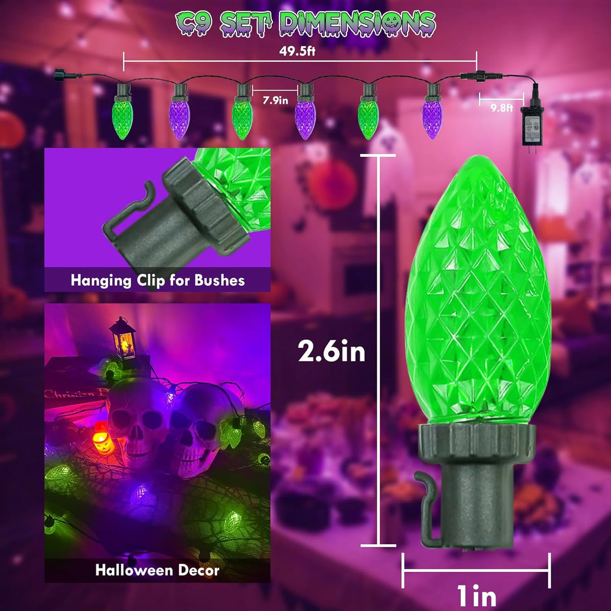 Extendable Purple and Green 2PK 100 LED C9 Halloween Lights Indoor Outdoor Waterproof, 98FT Super