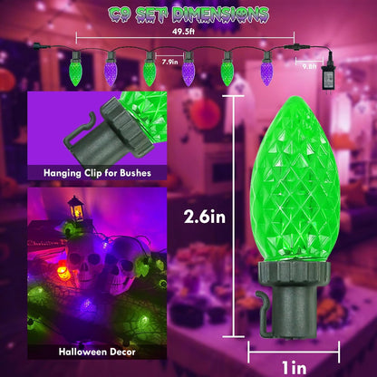 Extendable Purple and Green 2PK 100 LED C9 Halloween Lights Indoor Outdoor Waterproof, 98FT Super