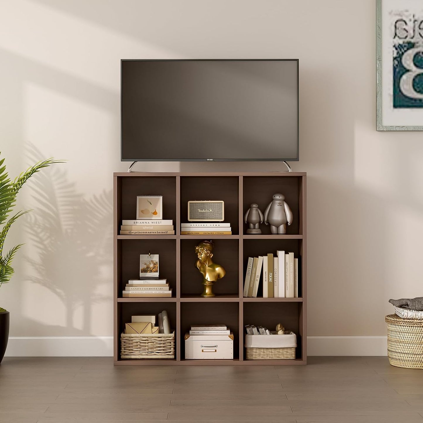 9-Cube Storage Shelf Bookcase - Wooden 3-Tier Floor Standing Open Bookshelf for Home and Office