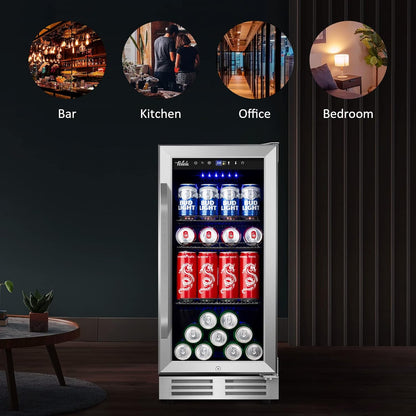 15'' Beverage Refrigerator and Beer Fridge Under Counter Built-in or Freestanding,127 Cans Beverage