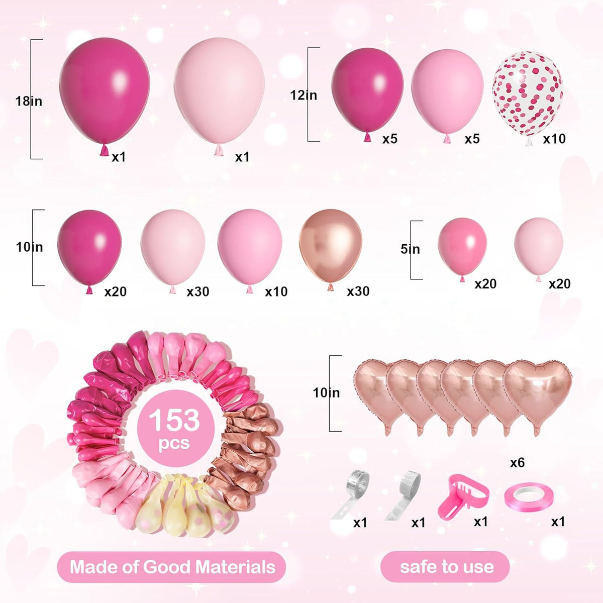 Amandir 153pcs Pink Balloon Garland Arch Kit, Different Sizes 18 12 10 5 inch Hot Pink Latex