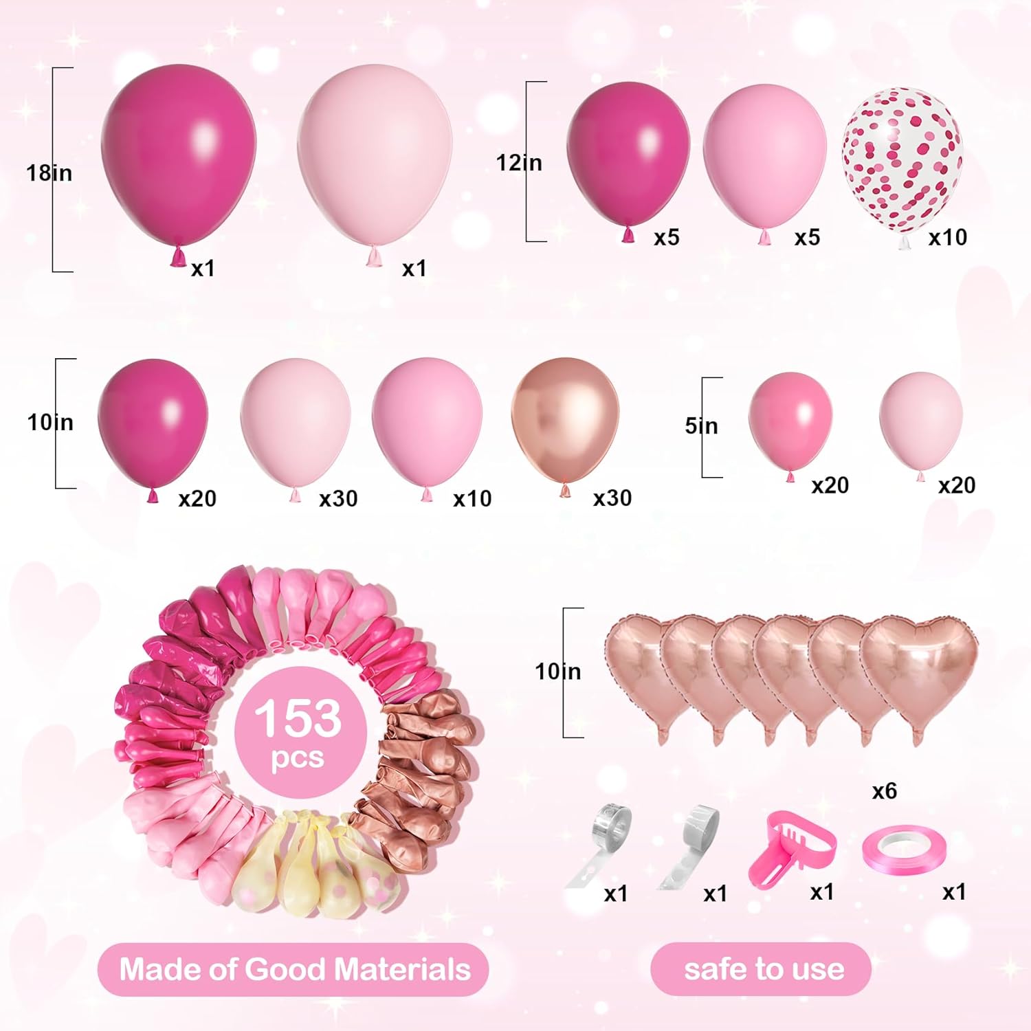 Amandir 153pcs Pink Balloon Garland Arch Kit, Different Sizes 18 12 10 5 inch Hot Pink Latex
