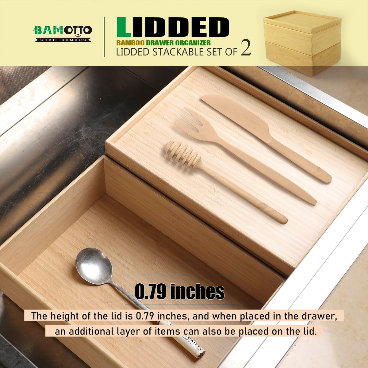 Stackable Bamboo Drawer Organizer Set – 2 Boxes with 1 Lid | Wood-Laminated Trays for Kitchen