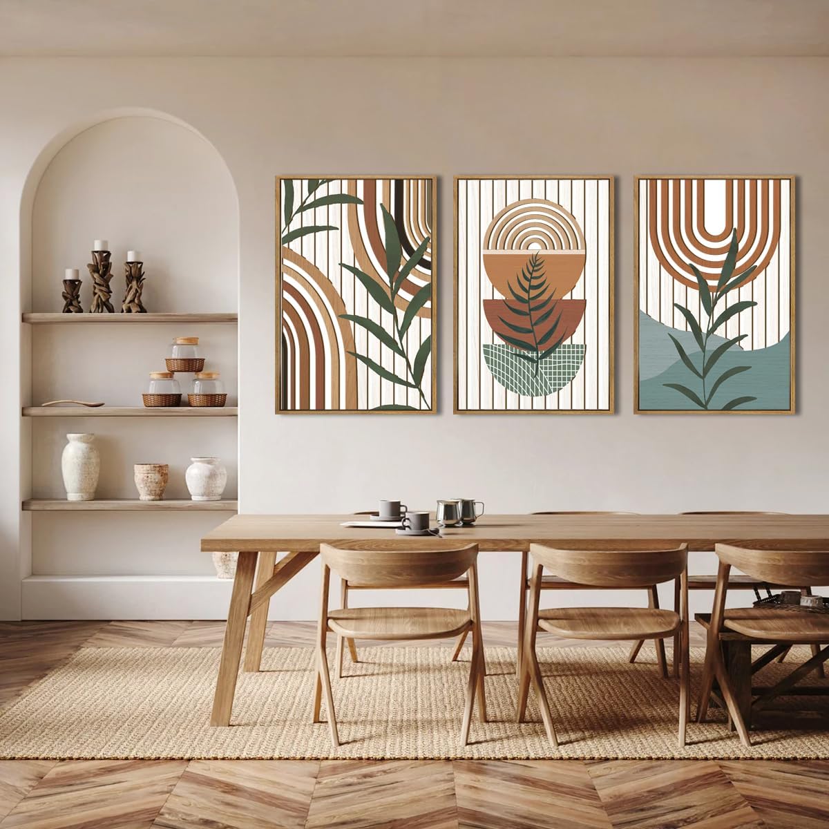Large Boho Mid Century Wood Wall Art Set,Modern Geometric Leaves Artwork Bohemian Wall