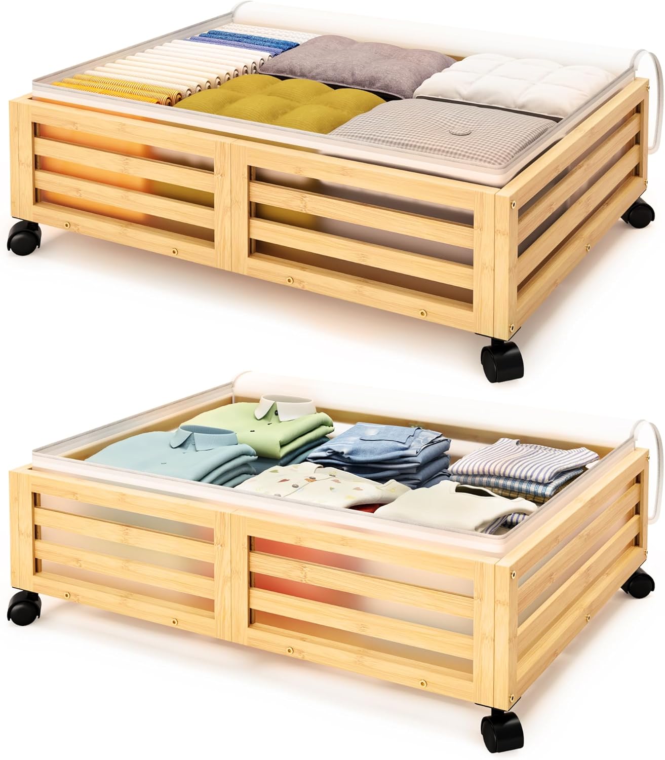 Under Bed Storage with Wheels-Large Bamboo Underbed storage Containers with Large Dust Bag