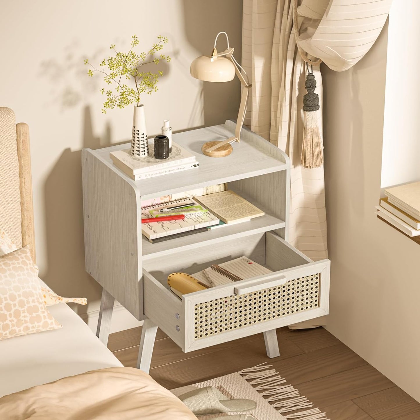 Lerliuo Rattan Nightstand, Side Table with Drawer Open Shelf, Cane Accent Bedside End Table with