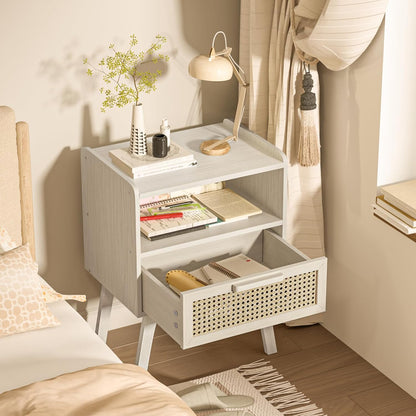 Lerliuo Rattan Nightstand, Side Table with Drawer Open Shelf, Cane Accent Bedside End Table with