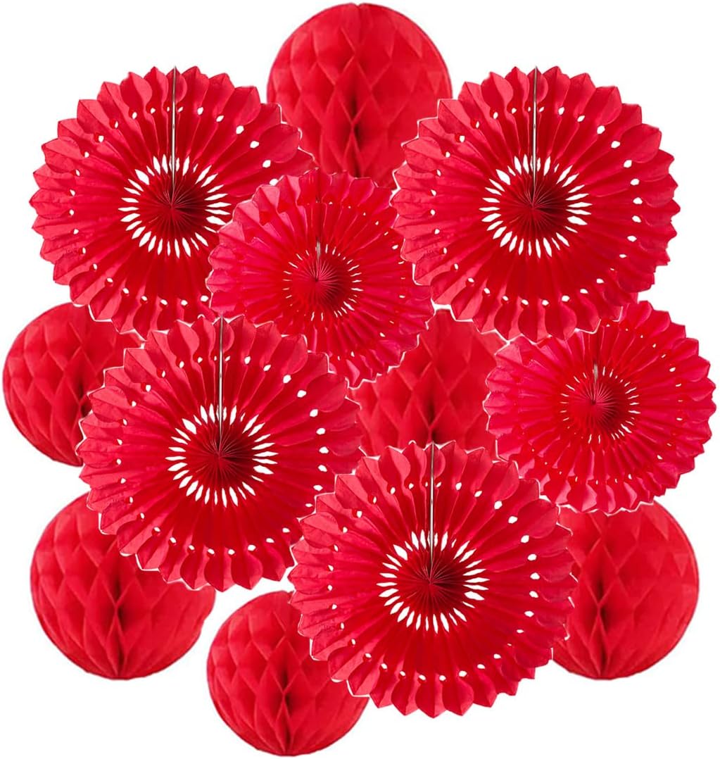12pcs 6'' 8'' Red Honeycomb Balls Tissue Paper Fans Party Honeycomb Ball Fans Wall Decor Tissue Pom