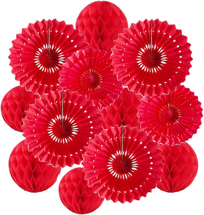 12pcs 6'' 8'' Red Honeycomb Balls Tissue Paper Fans Party Honeycomb Ball Fans Wall Decor Tissue Pom