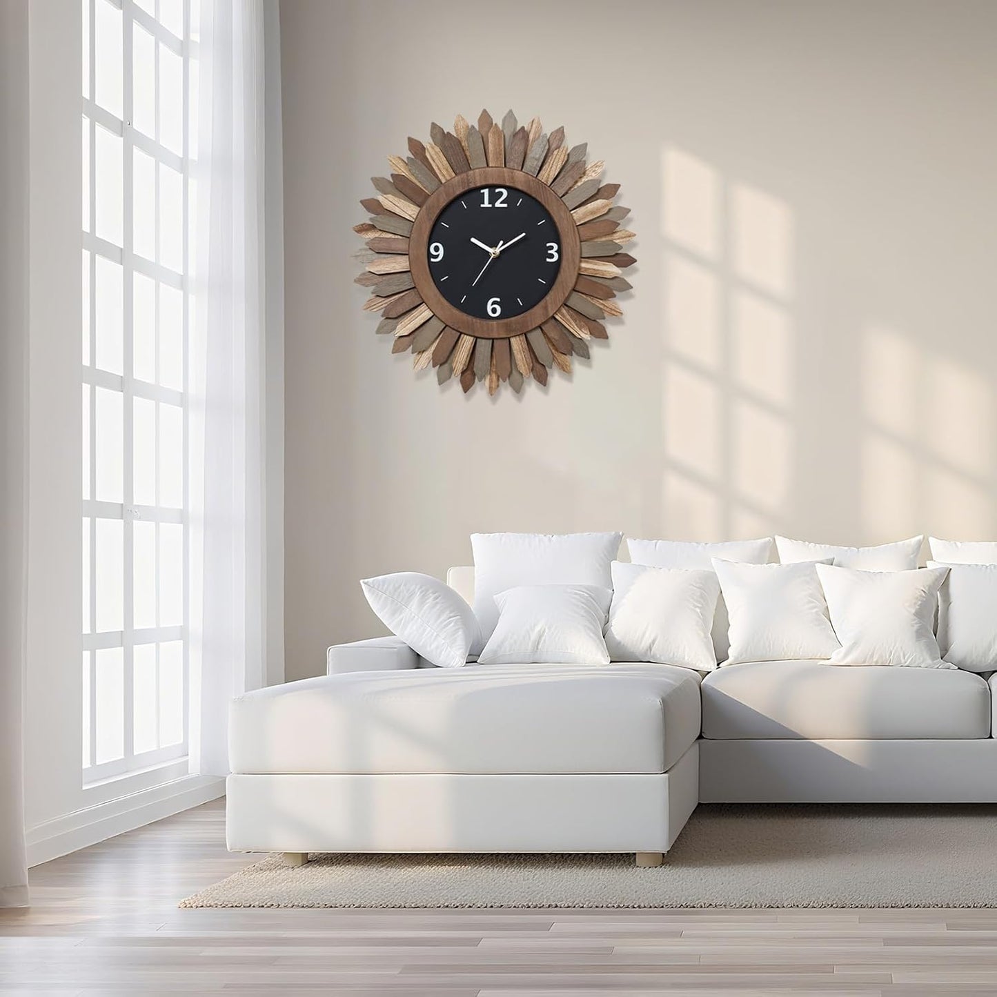 Honiway 16 Inch Wall Clocks, Rustic Wood Boho Sunburst Decorative Wall Clock Battery Operated