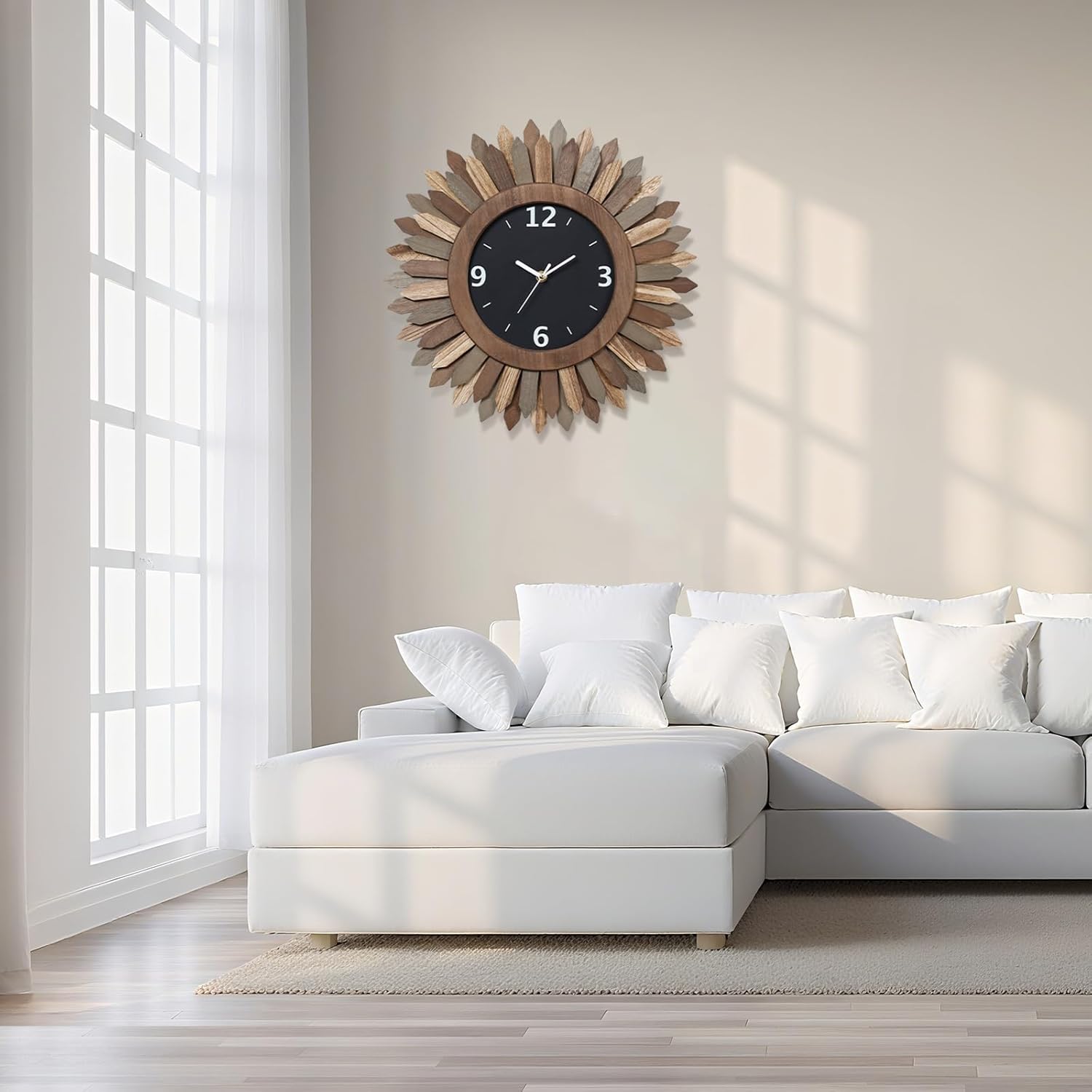 Honiway 16 Inch Wall Clocks, Rustic Wood Boho Sunburst Decorative Wall Clock Battery Operated