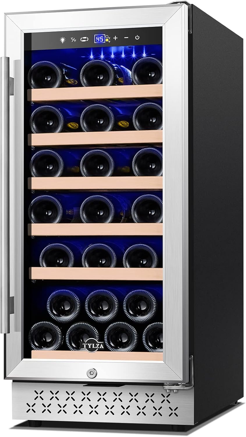Tylza 15 Inch Wine Cooler Under Counter, 33 Bottle Built-in Wine Fridge with Stainless Steel