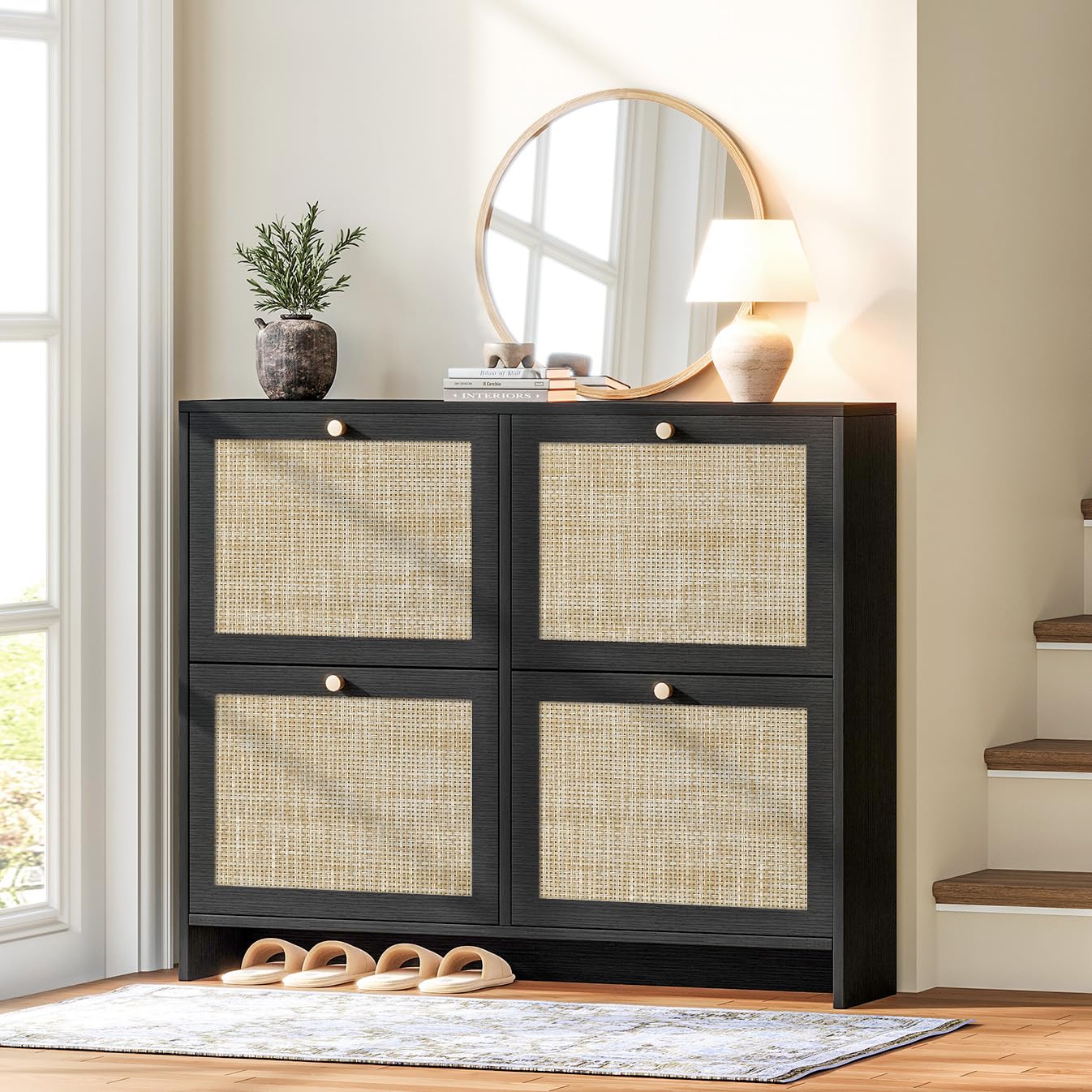 Nicetree Shoe Cabinet Storage for Entryway, 4-Flip Drawer Narrow Shoe Rack, Organic Modern Rattan