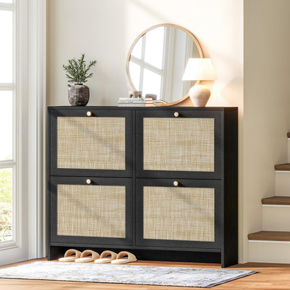 Nicetree Shoe Cabinet Storage for Entryway, 4-Flip Drawer Narrow Shoe Rack, Organic Modern Rattan