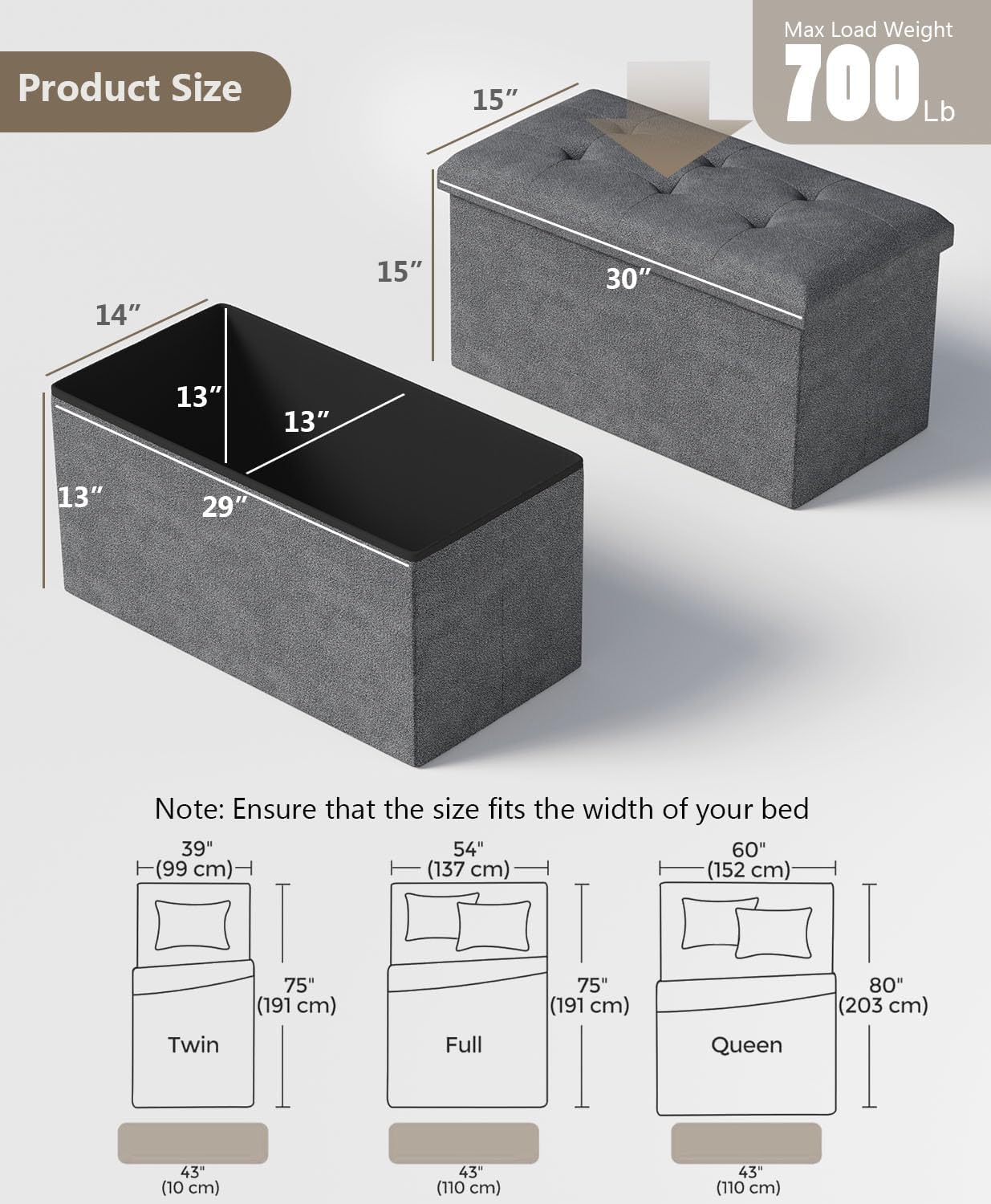 Storage Ottoman Bench, Folding Ottoman Foot Rest, 15 x 30 x 15 Inches, End of Bed Bench,Storage