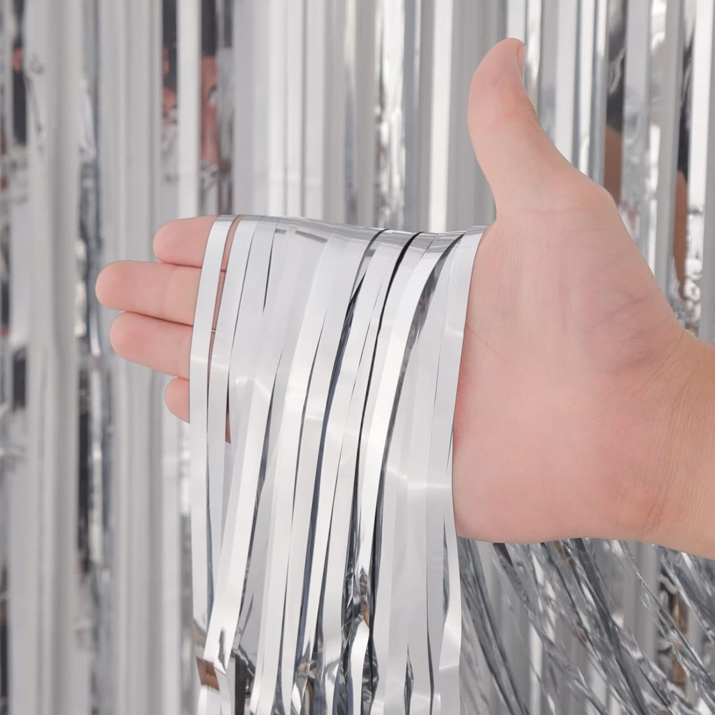 3 Pack 3.3x8.2 Feet Silver Foil Fringe Backdrop Curtains, Tinsel Streamers Birthday Party