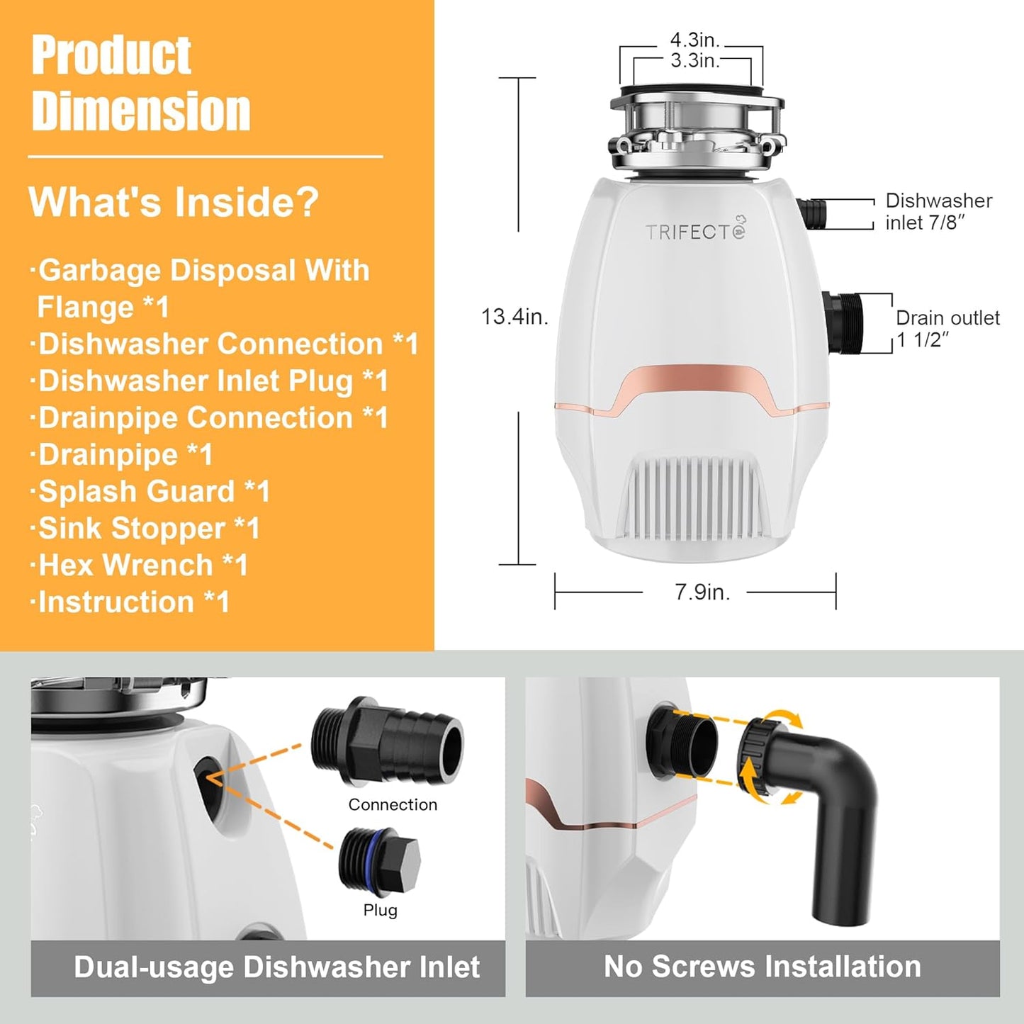 Trifecte Pro 3/4 HP Garbage Disposals with Sound Reduction,Food Waste Coutinuous Feed Garbage