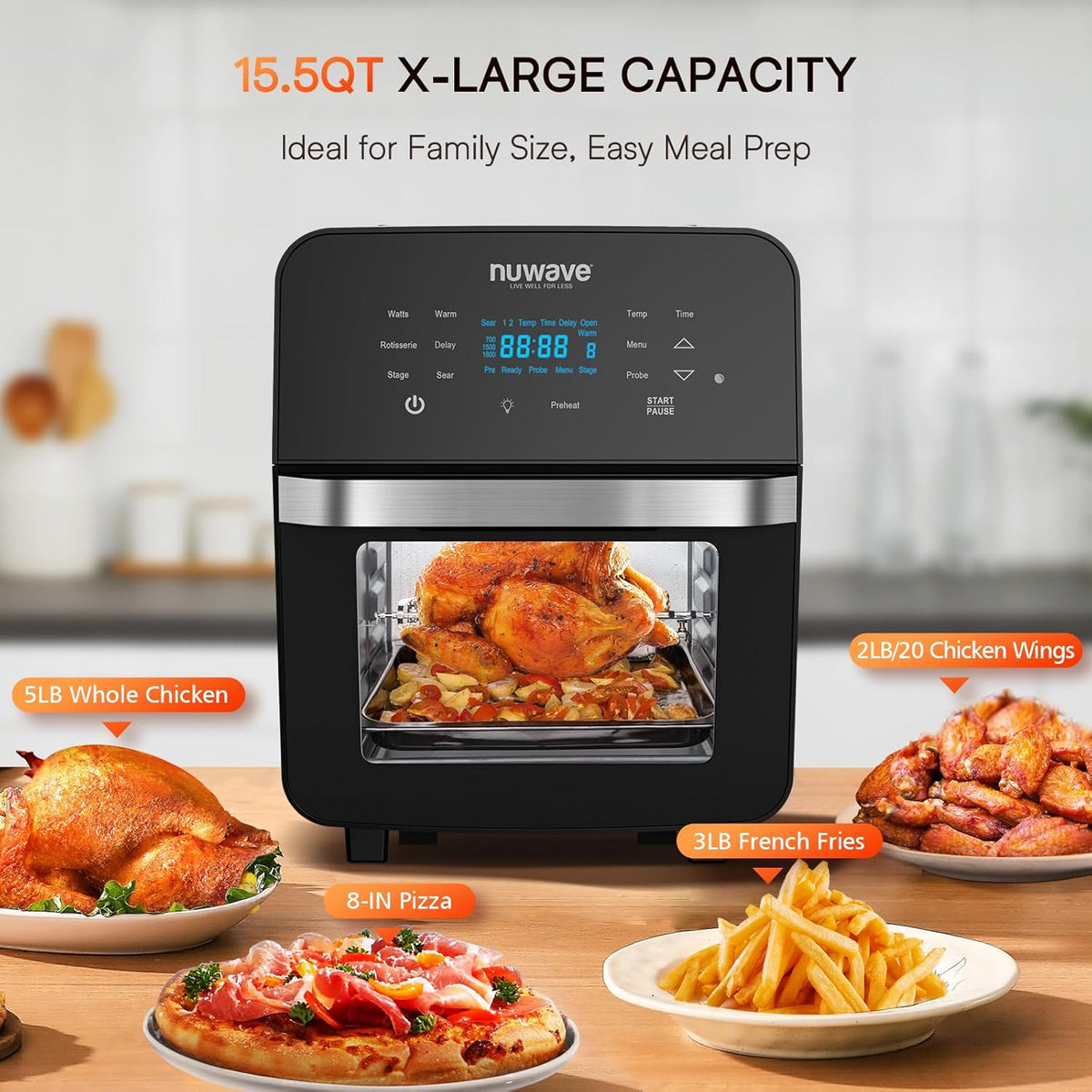 Nuwave Brio 15.5Qt 10-IN-1 Air Fryer Rotisserie Oven, XL Family Size, Even & Crisp AirFry, Reheat