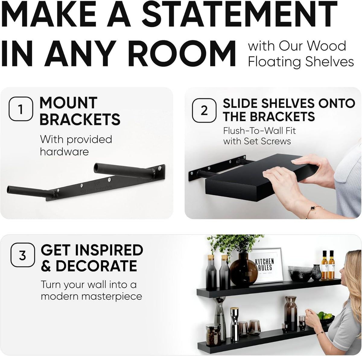 Homeforia Floating Black Shelf 42 inch, High End Solid Real Wood 42 inches Long Floating Shelves