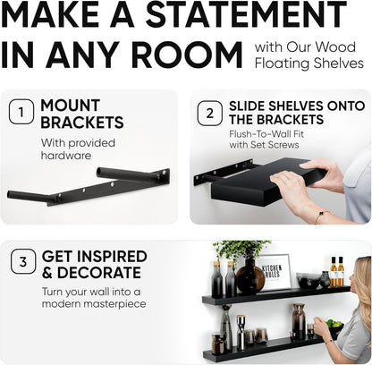 Homeforia Floating Black Shelf 42 inch, High End Solid Real Wood 42 inches Long Floating Shelves