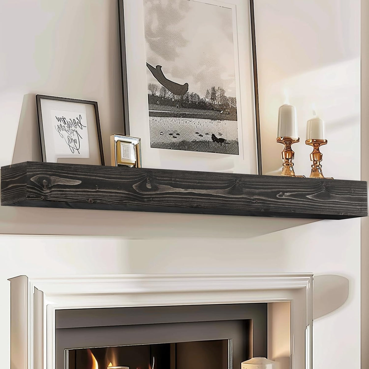 72x8x5 Fireplace Mantel - Handcrafted Hollow Rustic Solid Wood Wall Mounted Floating Shelf with