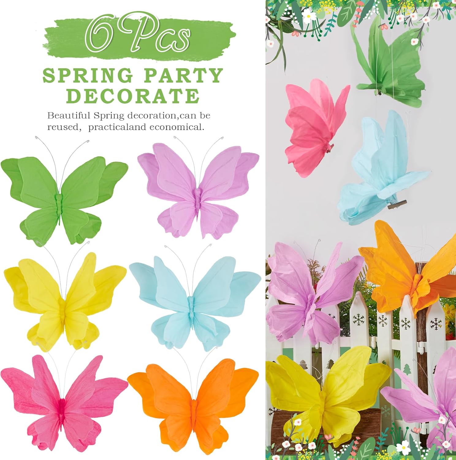 SUNBEAUTY 6Pcs Hanging Butterflies, Large Butterfly Decorations, 3D Paper Decoration, Pink Green