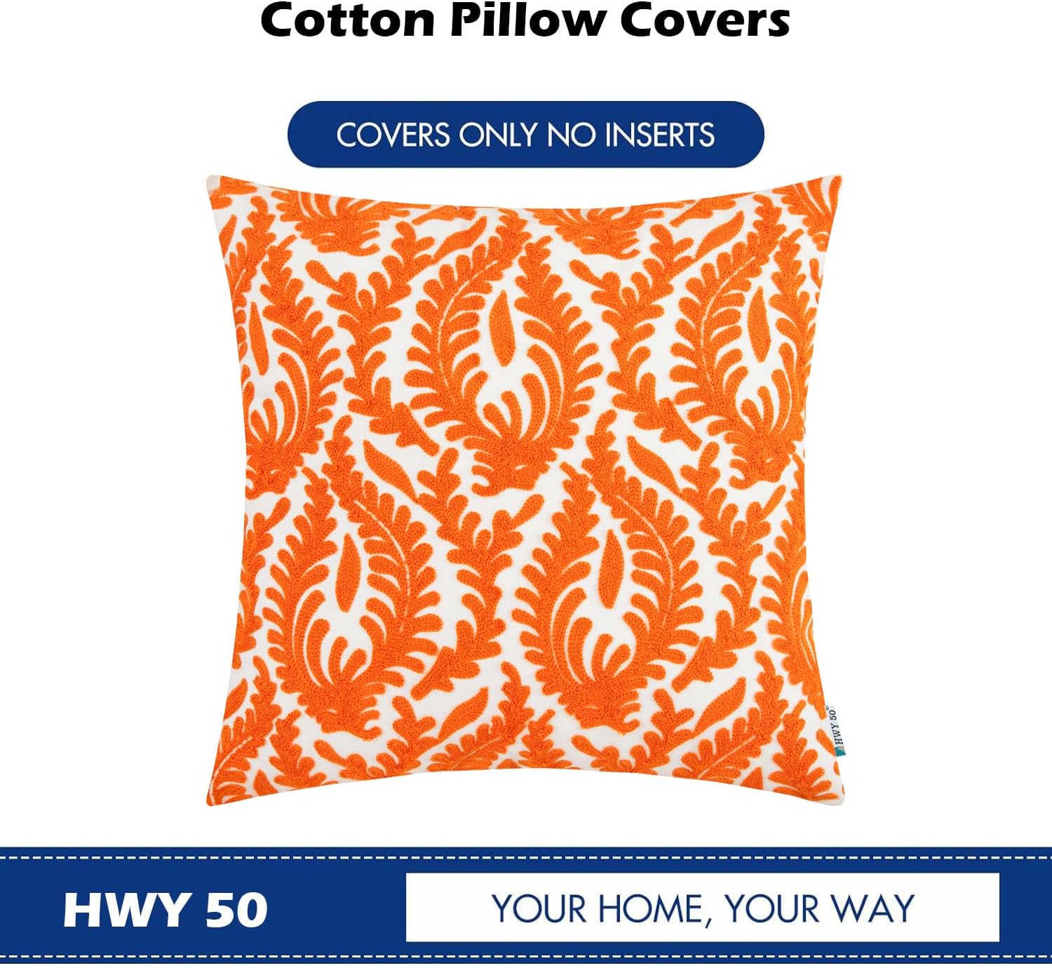 HWY 50 Orange Fall Decorative Throw Pillow Covers 18x18 Inch (1 Piece), Embroidered Cotton