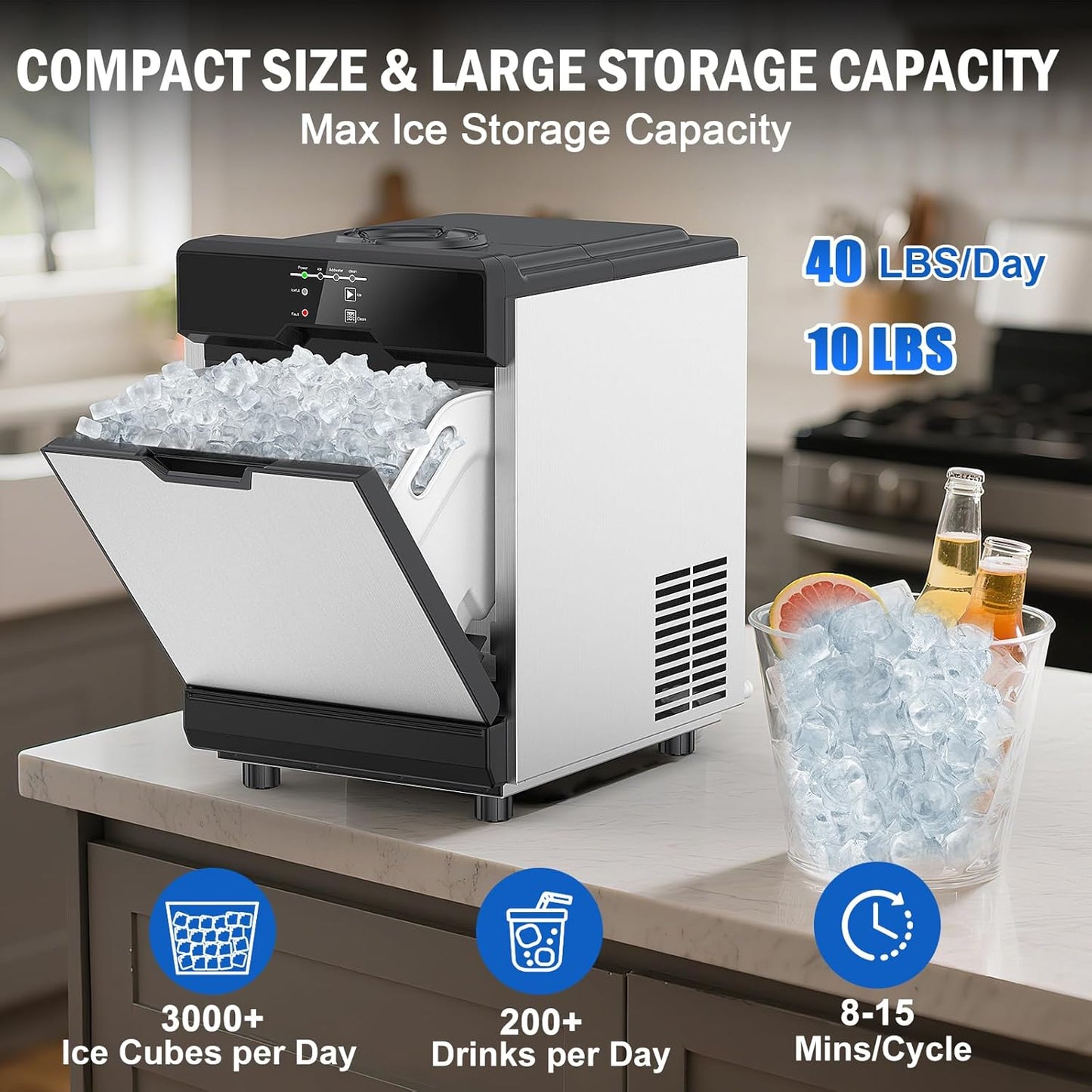 Nugget Ice Maker Countertop, 40 LBS/Day with 10 LBS Storage Bin, Freestanding/Countertop Ice Maker
