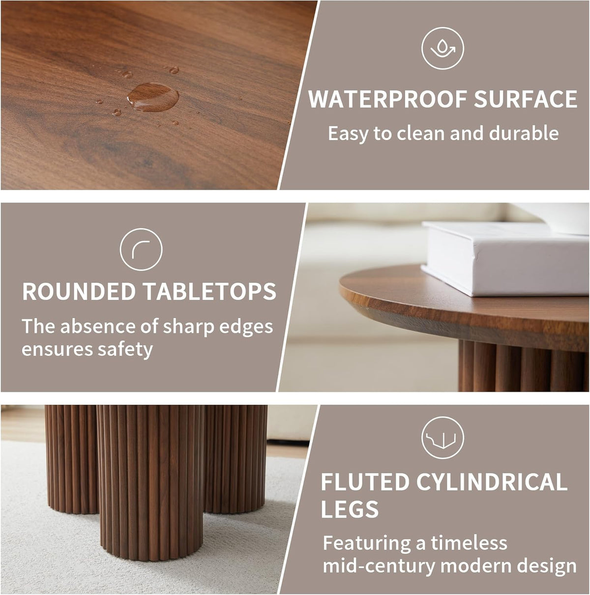 Round Nesting Coffee Table Set of 3,Mid Century Modern Fluted Coffee and End Table Set,Small Circle