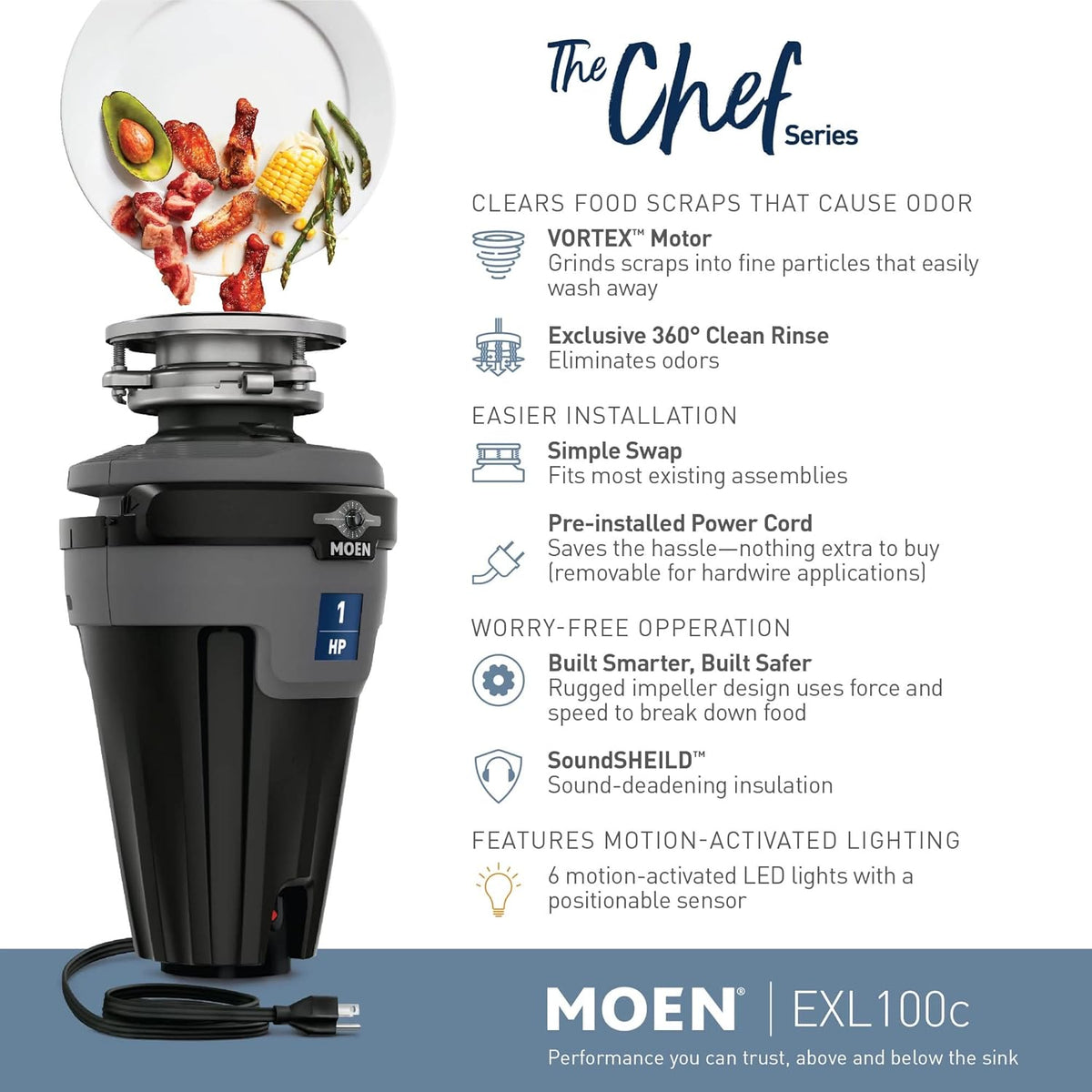 Moen Chef Series 1 HP Continuous Feed Lighted Garbage Disposal with Sound Reduction for Under Sink