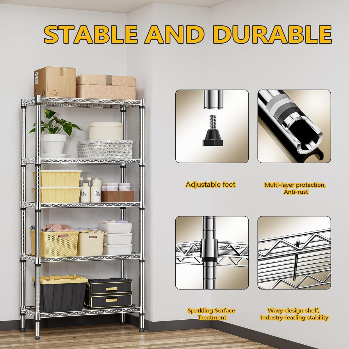 1250 lbs 5 Tier Shelf Metal Storage Shelves Shelving Wire Rack Heavy Duty Closet Organizers for