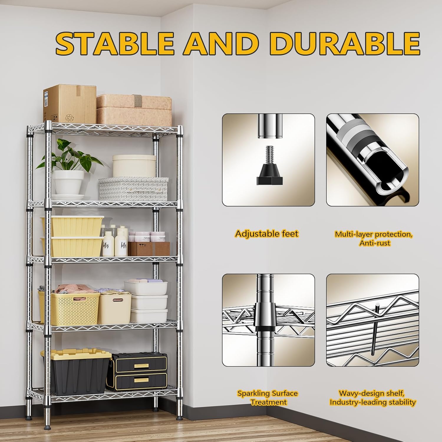 1250 lbs 5 Tier Shelf Metal Storage Shelves Shelving Wire Rack Heavy Duty Closet Organizers for