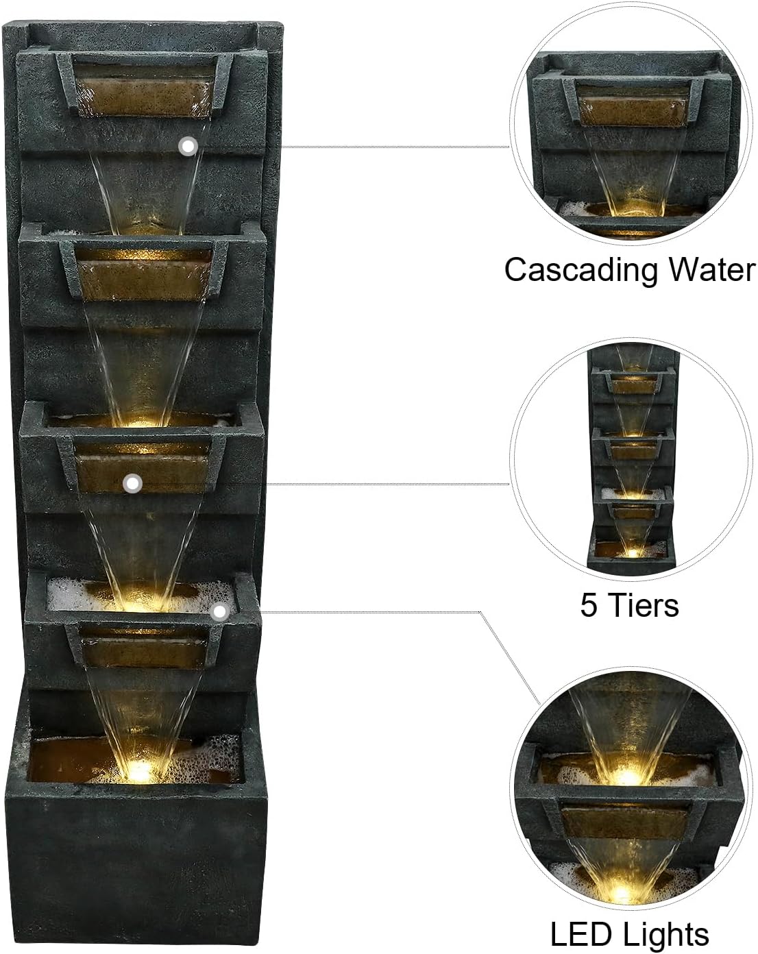 SunJet 4-Tiers Modern Cascading Indoor/Outdoor Fountains and Waterfalls with LED Lights - 39.3"