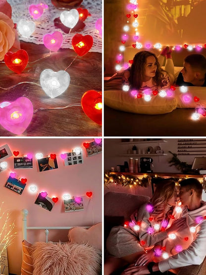 Red Pink White Heart Fairy Lights Battery Operated for Valentines Decor, 10FT 30 LED Battery String