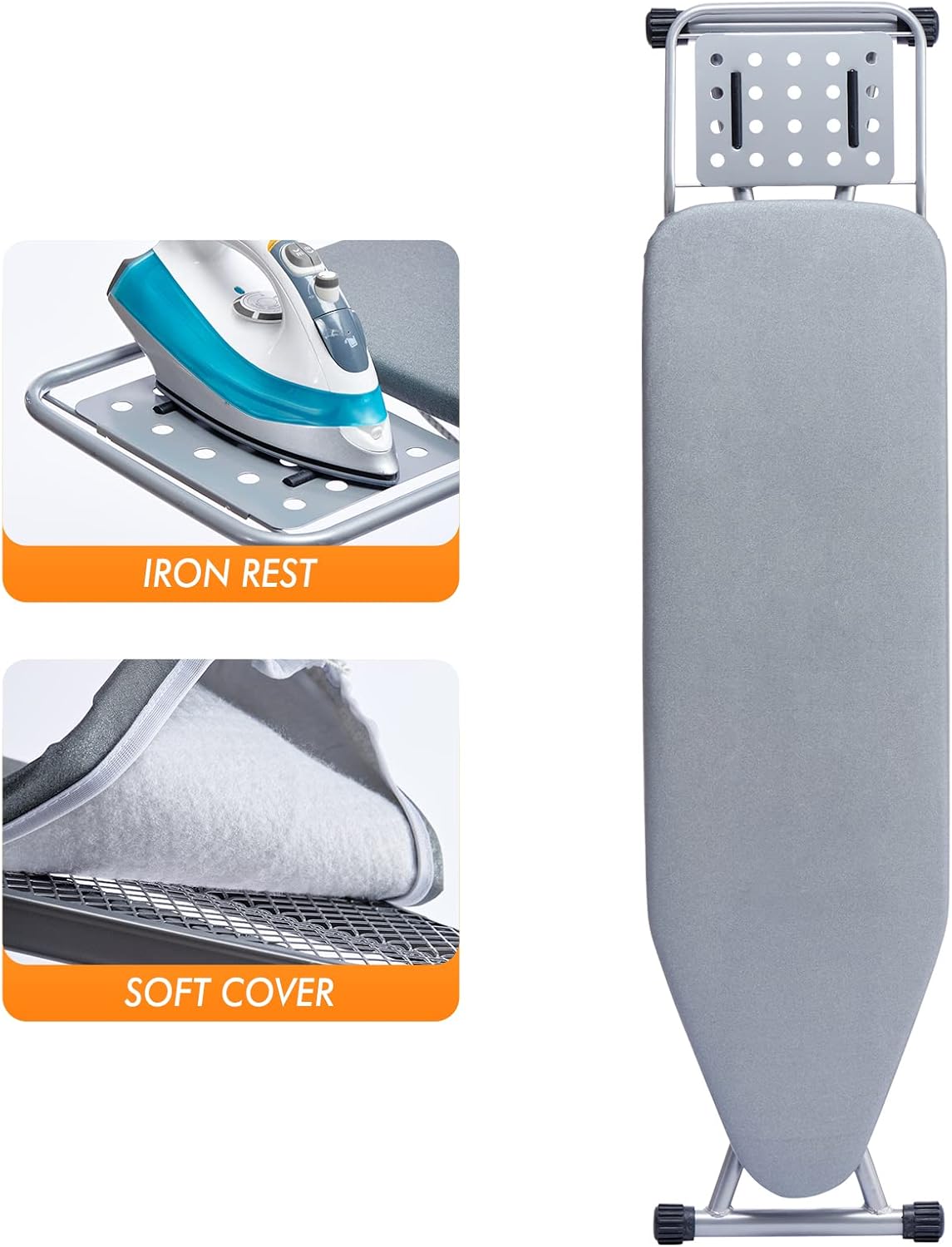 Ironing Board, Heat Resistant Cover Iron Board with Steam Rest, Non-Slip Foldable Ironing Stand.