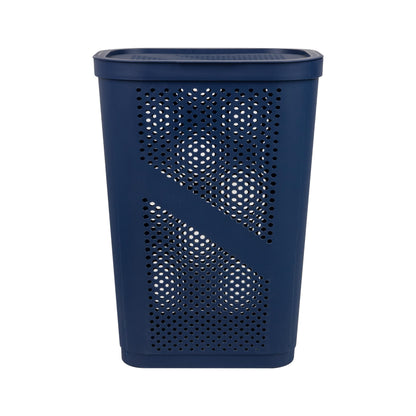 Mind Reader Slim Laundry Hamper with Lid, 60L Clothes Basket, Ventilated Plastic, Navy