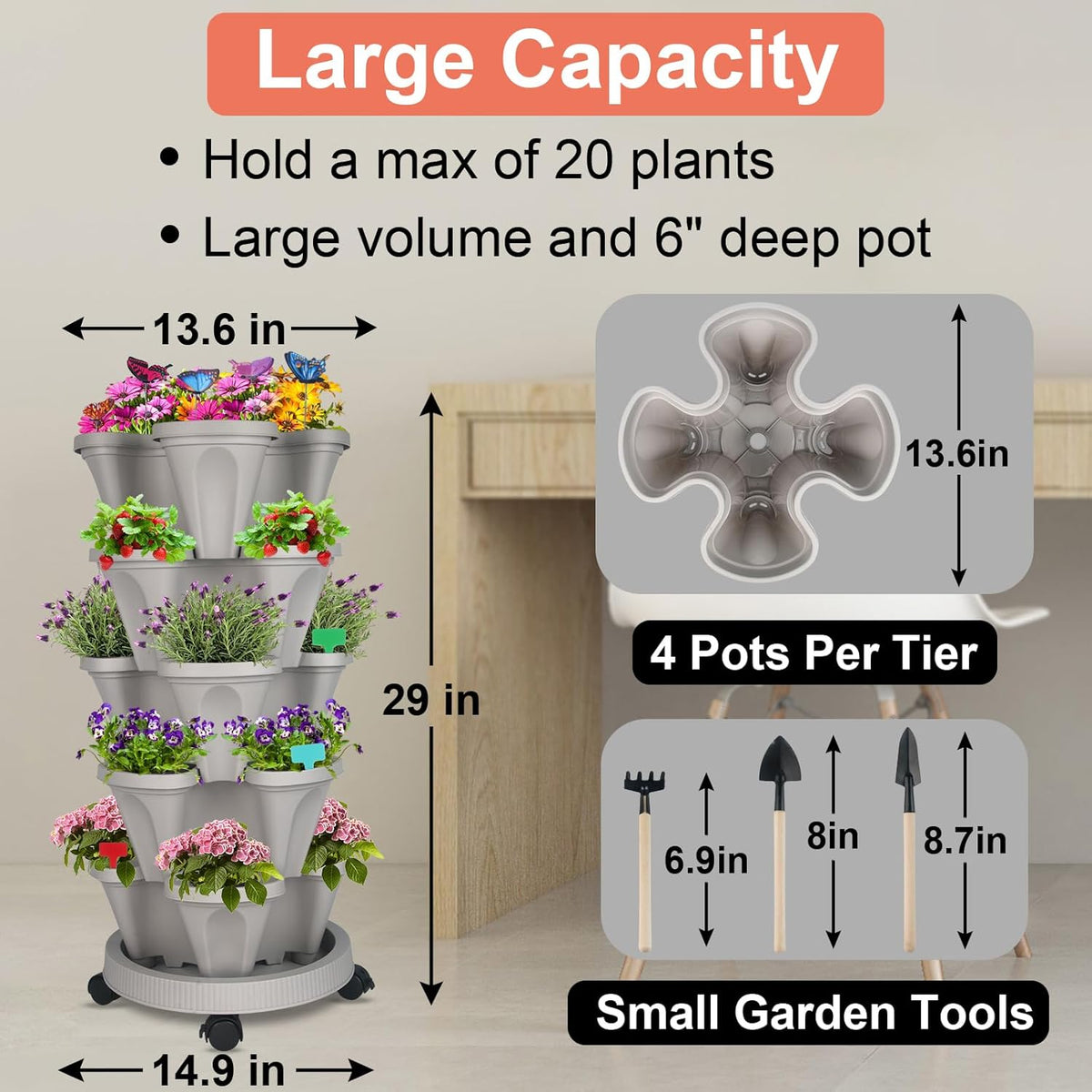 DUNCHATY Stackable Planter, Vertical Strawberry Planter with Garen Tool Set, Self Watering Garden