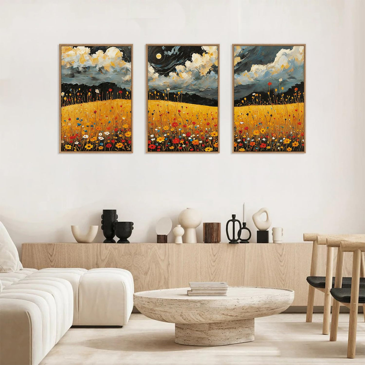 HLNIUC Mystical Moonlight Framed Wall Art Set,Night Moon Wildflower Canvas Wall Decor,Full Moon
