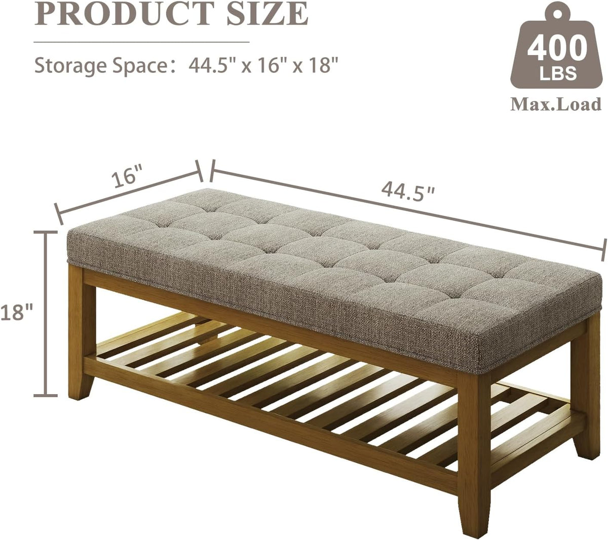 Large Rectangular Upholstered Ottoman Bench, Linen Tufted Footrest Ottoman with Solid Wood Shelf