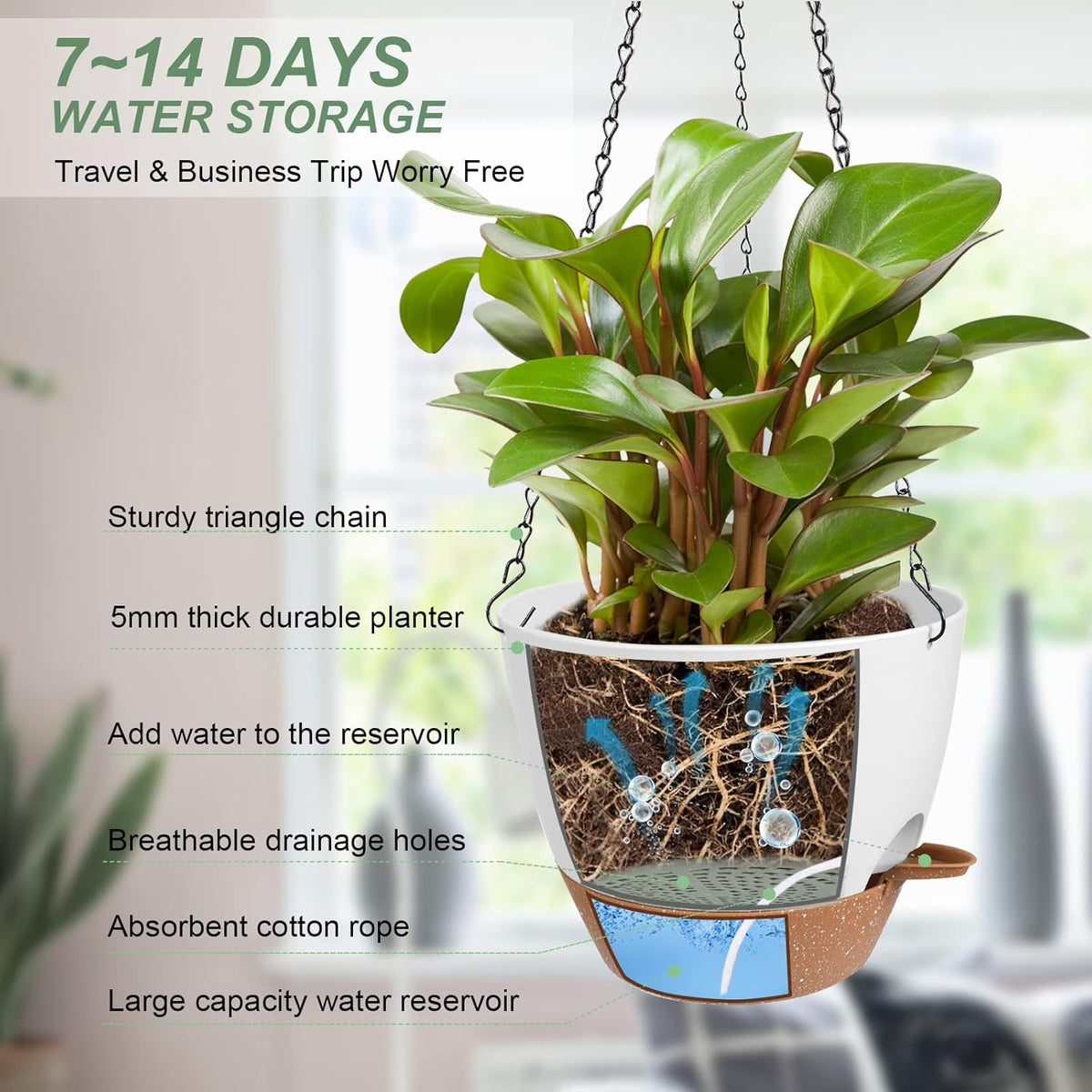 Hanging Planters for Indoor Outdoor Plants, 2 Pack Self Watering Hanging Pot with Drainage Holes &