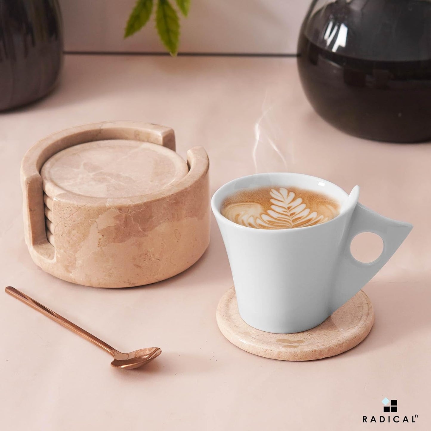 Marble Coasters Set of 6 Verona 3.5 Inch Round Coaster for Drinks with Holder, Drink Coaster for