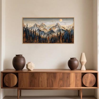 Celestdeco Wood Mountain Framed Canvas Wall Art Set, Pine Trees Wall Painting, Ridge Scenery Wall