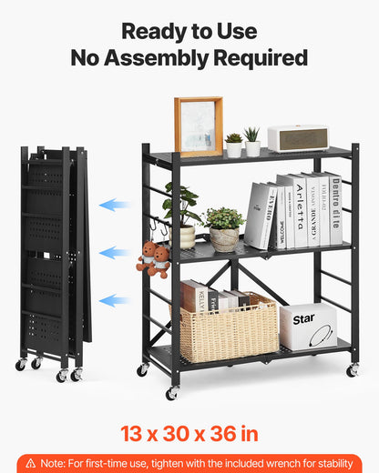 VEVOR 3-Tier Foldable Storage Shelf, 30W x 13D x 36H Inch Folding Metal Rack Shelving Unit, No