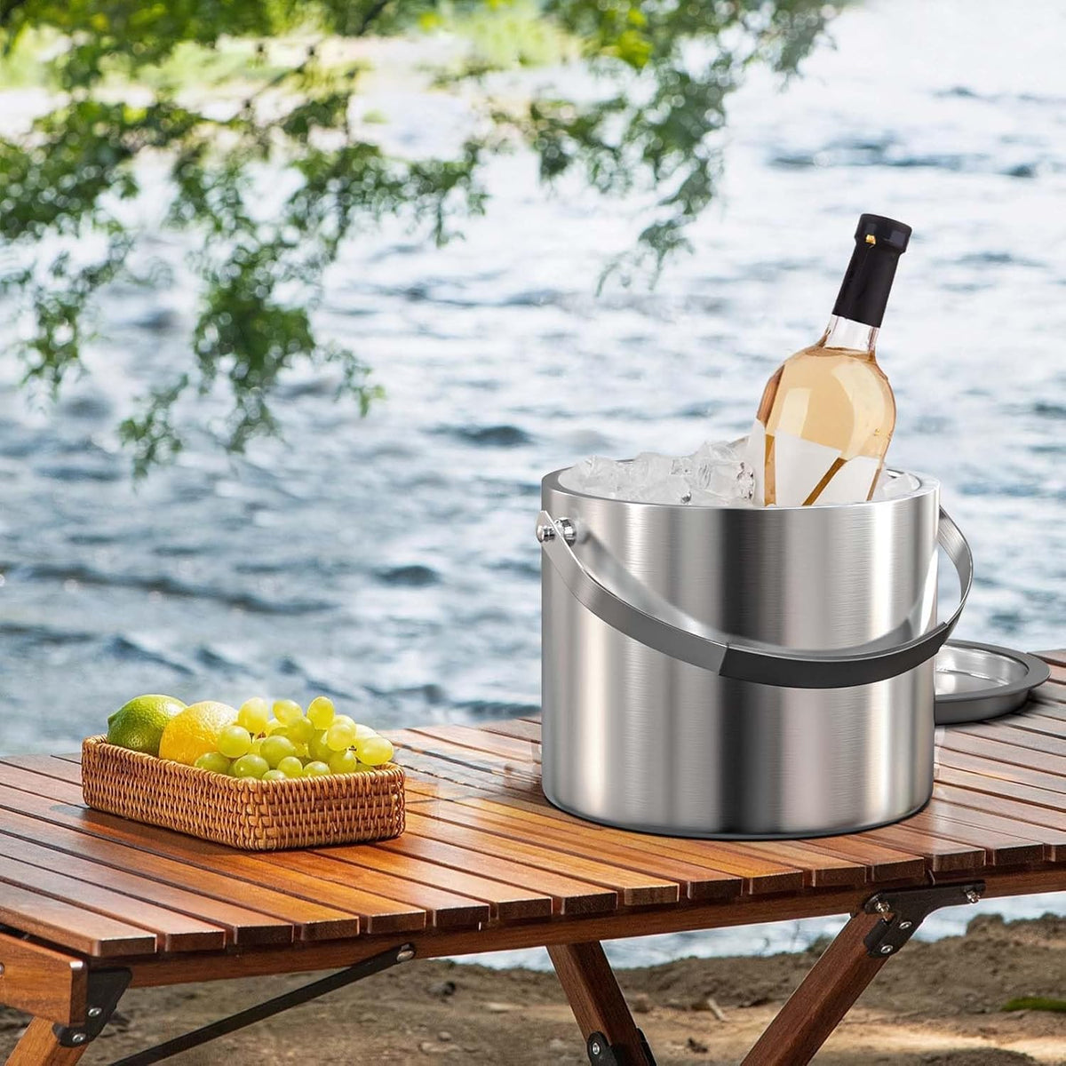 3.2 Liter Ice Bucket with Silicone Lid, Strainer, Tongs, Double Wall Insulated Stainless Steel Ice