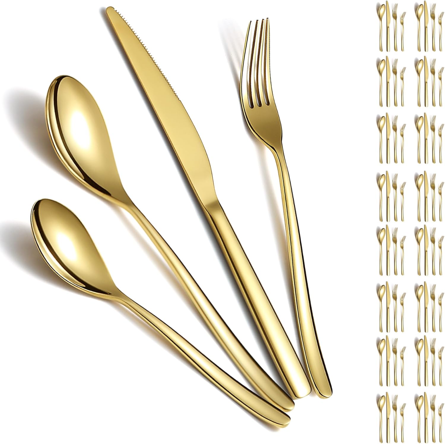 Berglander Gold Silverware Set 48pcs Service for 12, Golden Titanium Plating Stainless Steel